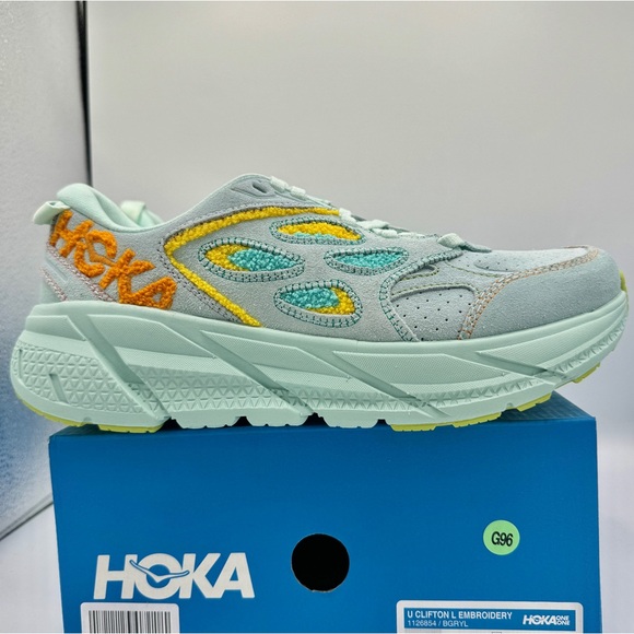 NWT Hoka Clifton Leather Embroidery UNISEX Shoes blue glass radiant yellow NEW - Picture 4 of 16